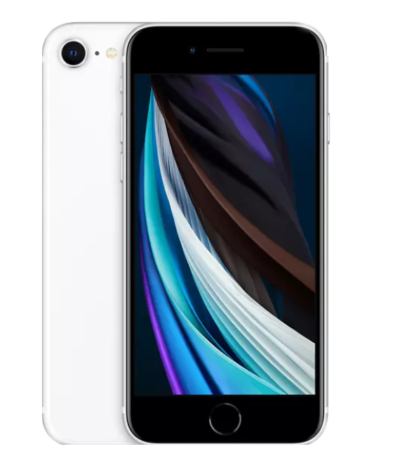 Beyaz bir iPhone SE modeli, ön ve arka, renkli soyut bir duvar kağıdı sergiliyor. Arka tarafta kamera görünür.