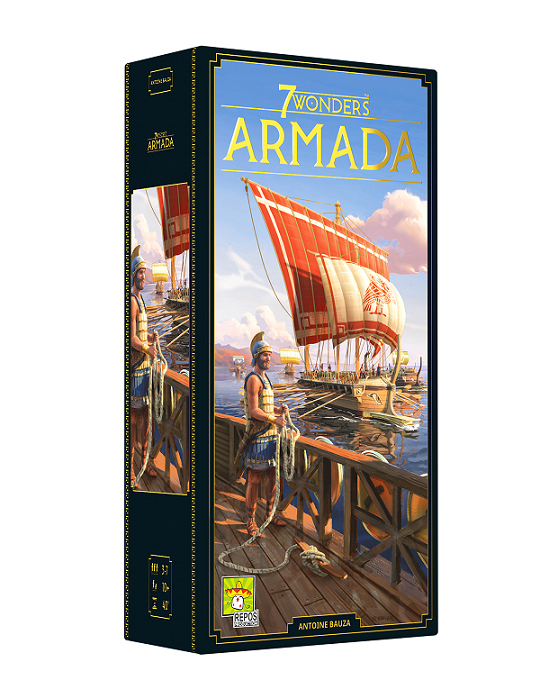 Brettspielbox mit einer Schiffsszene. Titel: 7 Wonders Armada. Männer auf einem Dock mit Schiffen und blauem Himmel.