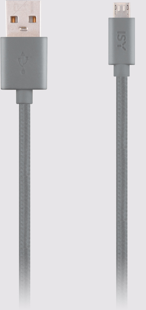 Gray USB to micro USB cable. One end is a standard USB connector, the other micro USB. White background.