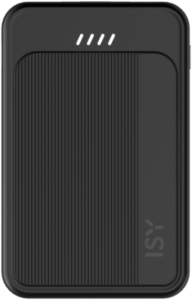 A black ISY power bank with vertical lines and four white lights.