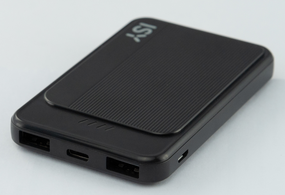 Black power bank with two USB ports and a USB-C port.