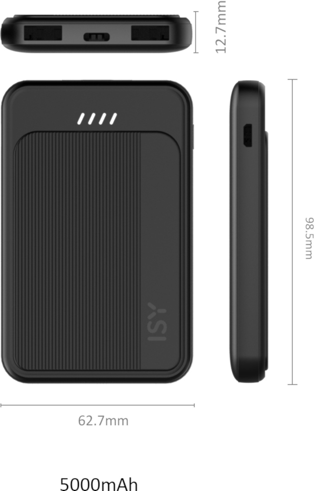 A black power bank. Shows measurements and the text 'ISY' and '5000mAh'. White background.