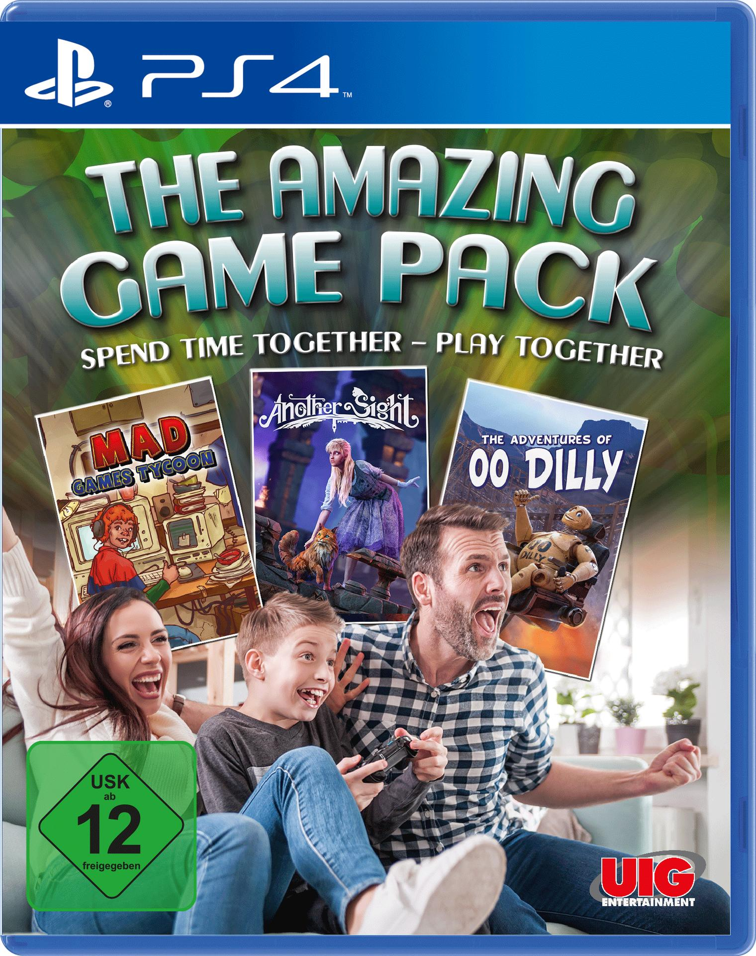 PS4-Spielpackung mit einer Familie, die zusammen spielt. Drei Spielcover werden ebenfalls gezeigt.