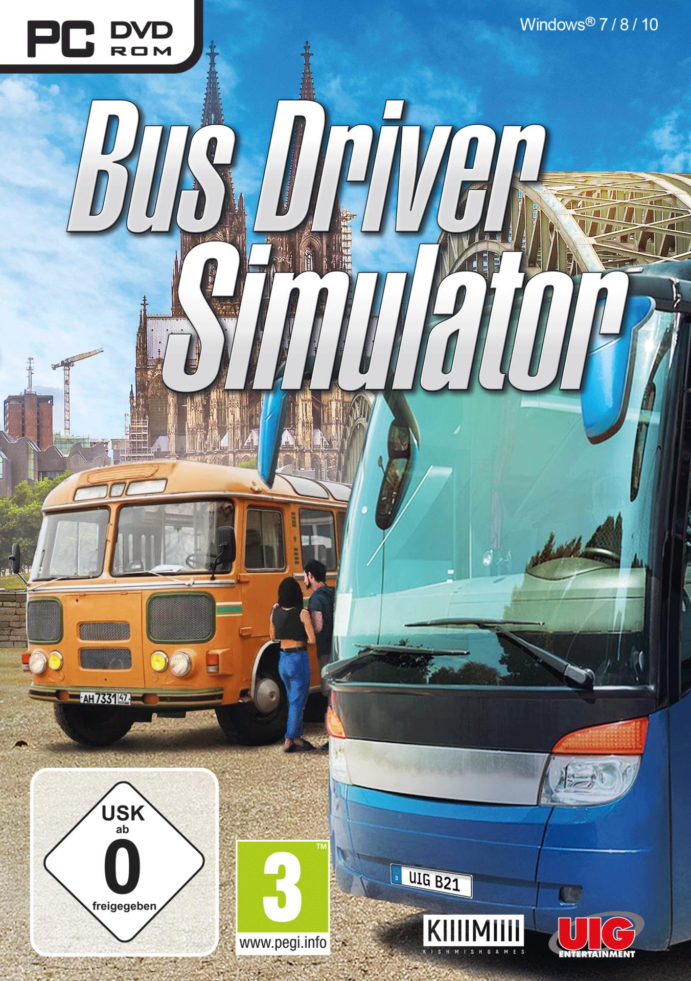 Spielcover: 'Bus Driver Simulator' mit Bussen, Stadtkulisse und einer '3'-Bewertung.