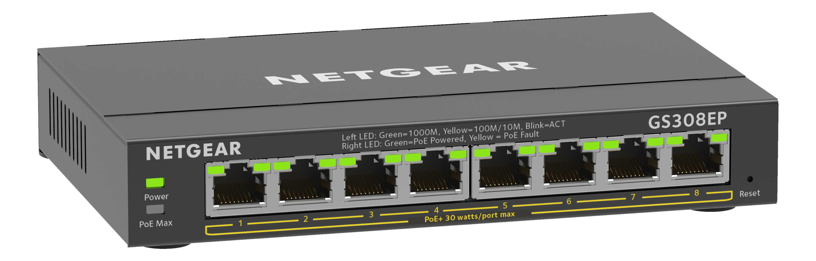 Commutateur Netgear GS308EP noir. Huit ports avec des voyants verts. Voyants d'alimentation et PoE Max.