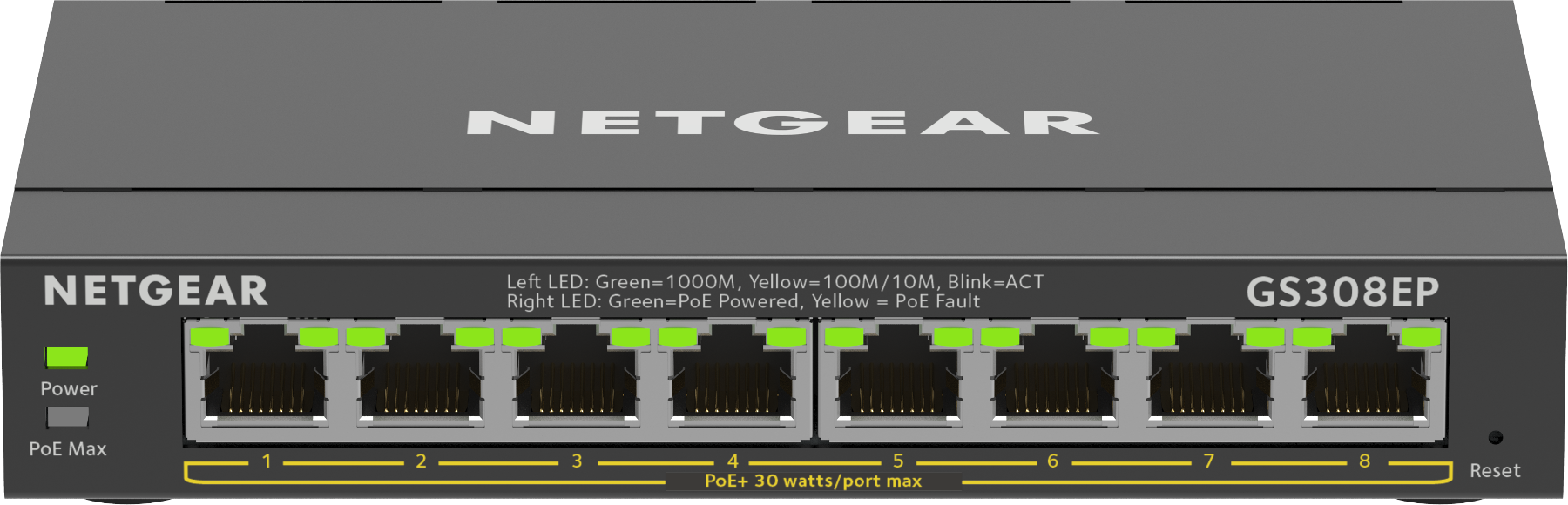 Un commutateur réseau NETGEAR noir et gris avec huit ports et des indicateurs LED.