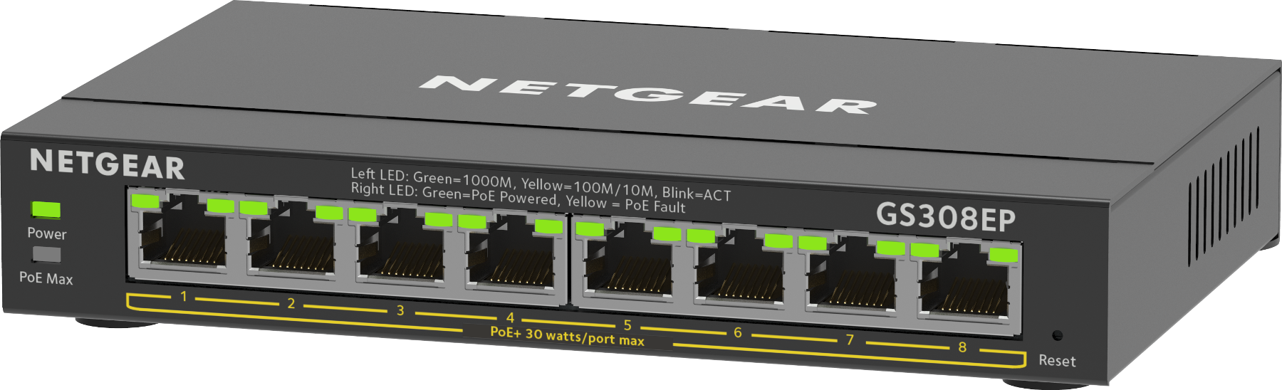 Commutateur NETGEAR GS308EP noir avec 8 ports, indicateurs d'alimentation et PoE. Fond blanc.