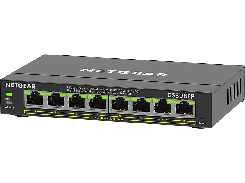 NETGEAR SOHO GS300 Desktop Gigabit Smart Switch, 8x RJ-45, 62W PoE+, Schwarz (GS308EP-100) — Foto 2 von 5