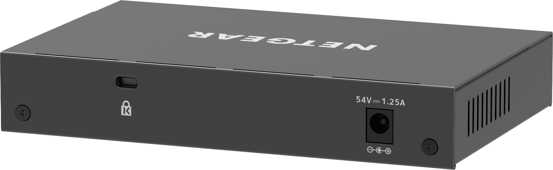 Appareil noir étiqueté NETGEAR. Comprend un port d'alimentation, une icône de verrou et d'autres ports.