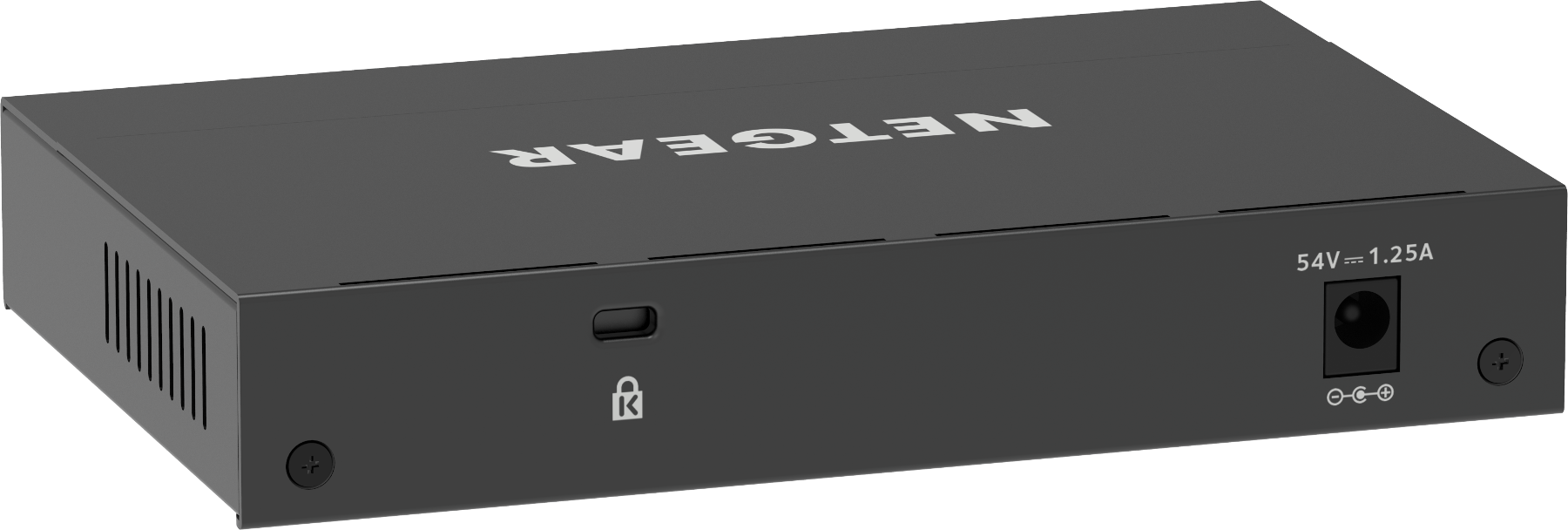 Commutateur réseau NETGEAR noir avec ports d'alimentation et de données.