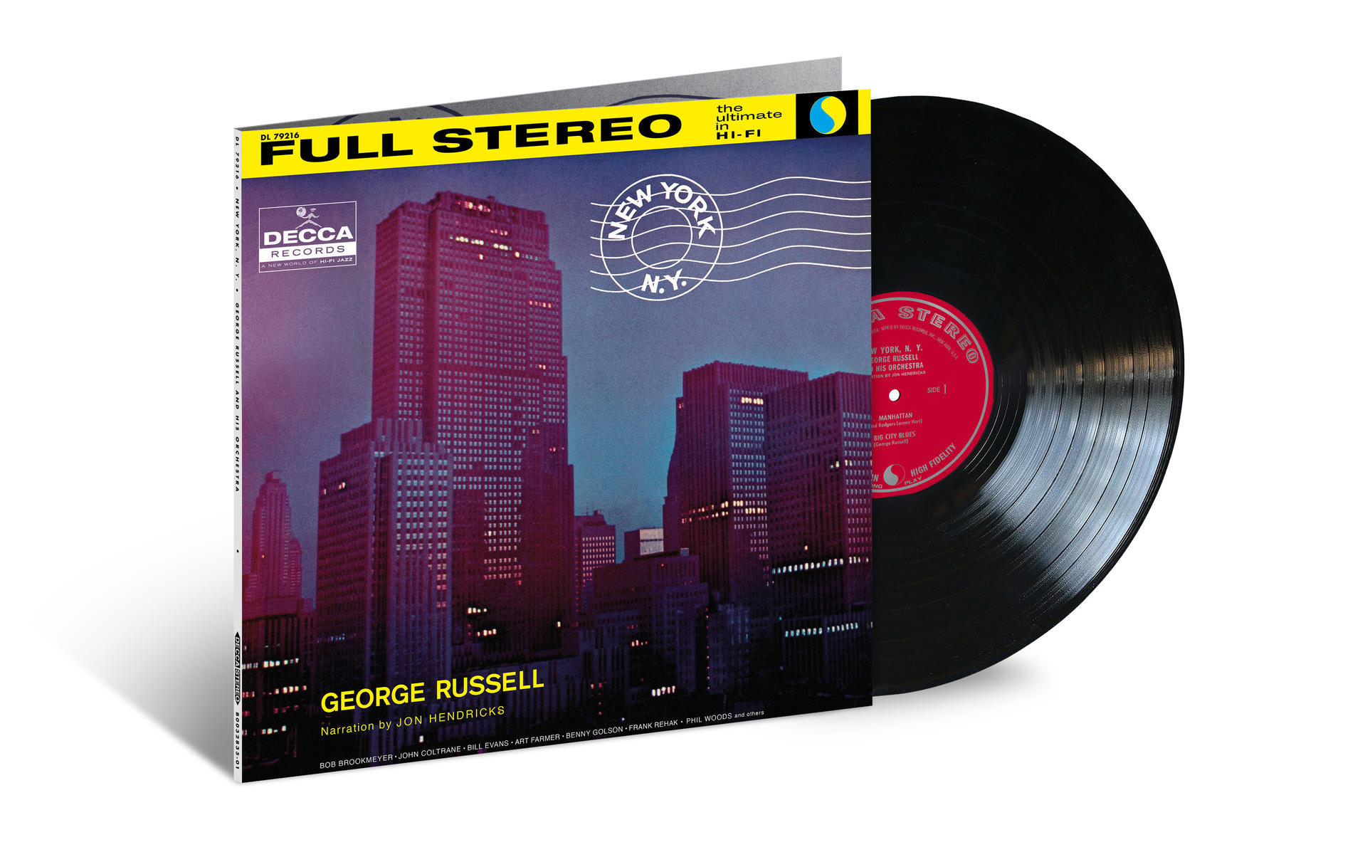 Ein Schallplattencover von George Russell. Es zeigt die Skyline von New York City mit einer roten Schallplatte rechts.