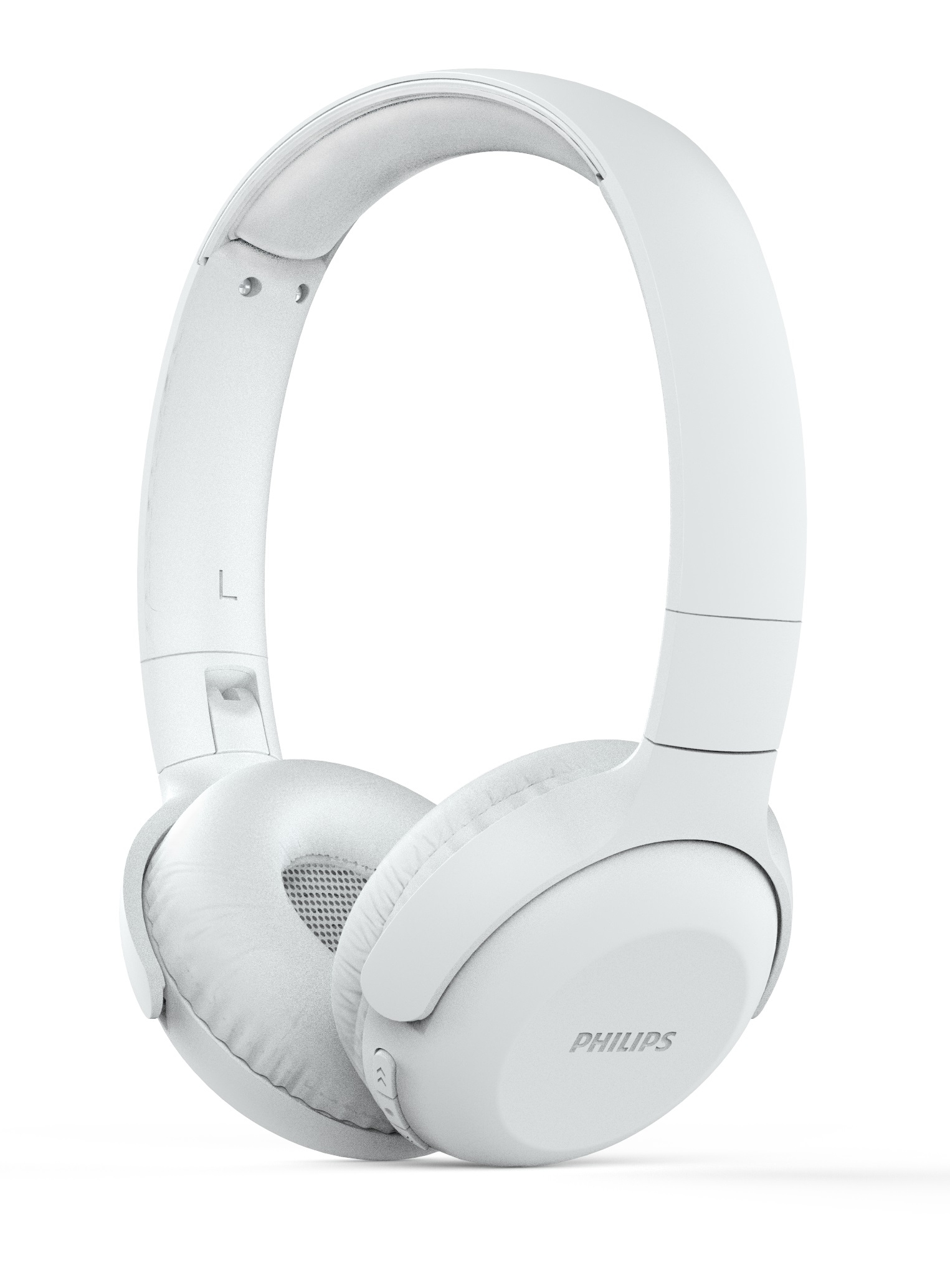 Weiße Over-Ear-Kopfhörer mit Philips-Logo. Die Kopfhörer sind auf weißem Hintergrund.