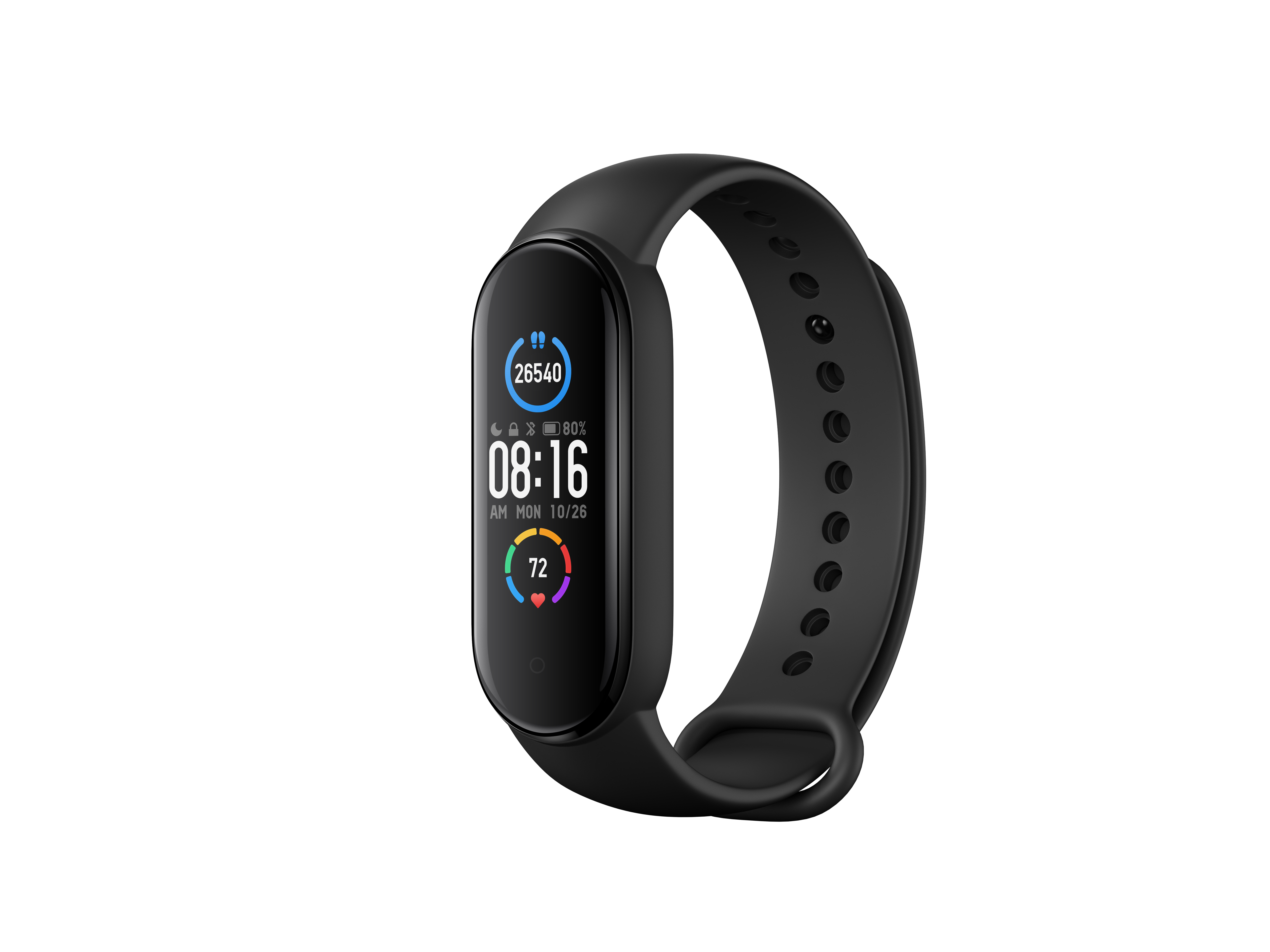 Schwarze Smartwatch mit digitaler Anzeige, die Zeit und Fitnessdaten anzeigt.