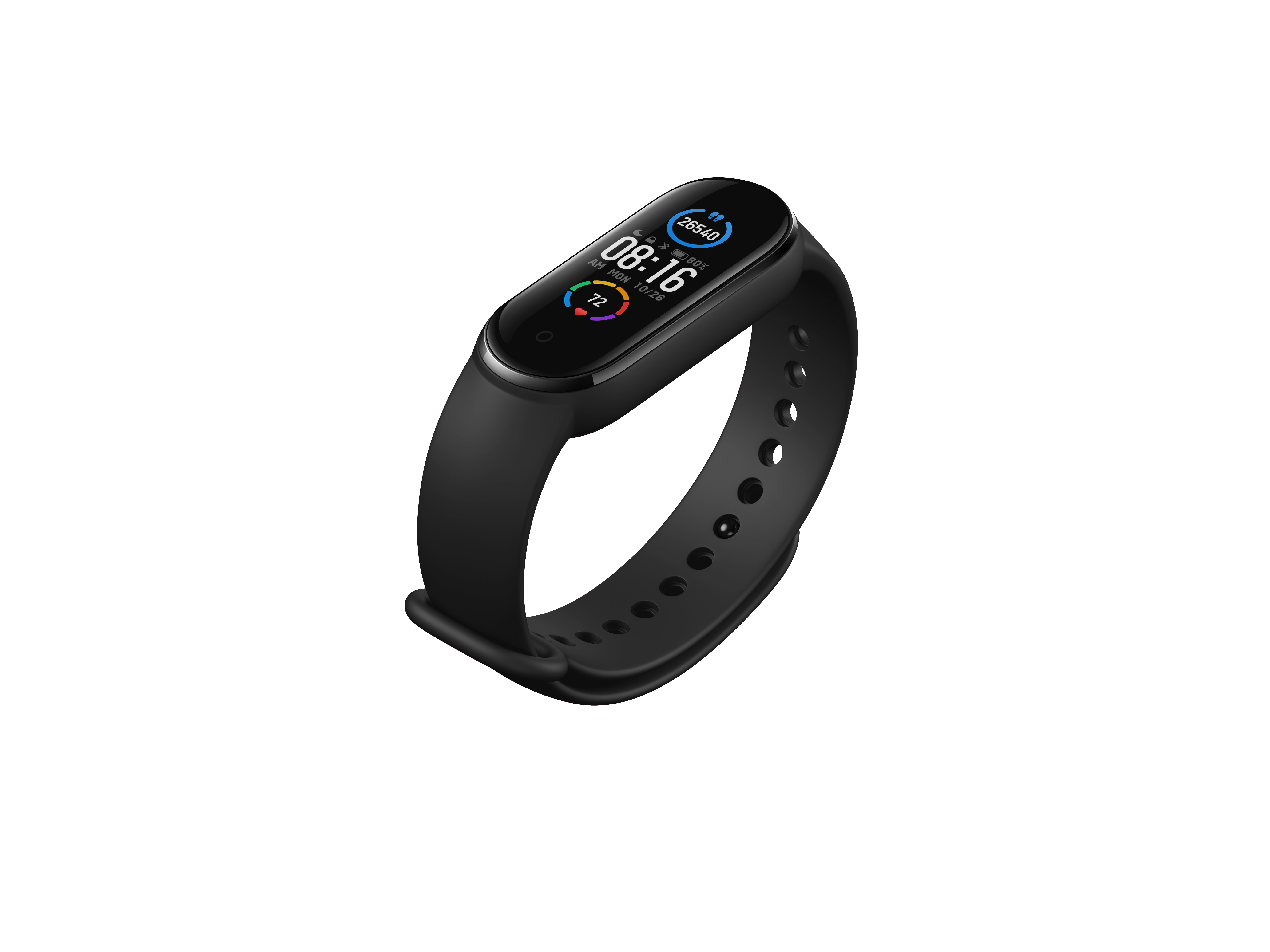 Schwarzes Xiaomi Mi Band 5 Smartband mit Anzeige von Uhrzeit und Statistiken. Isoliert.
