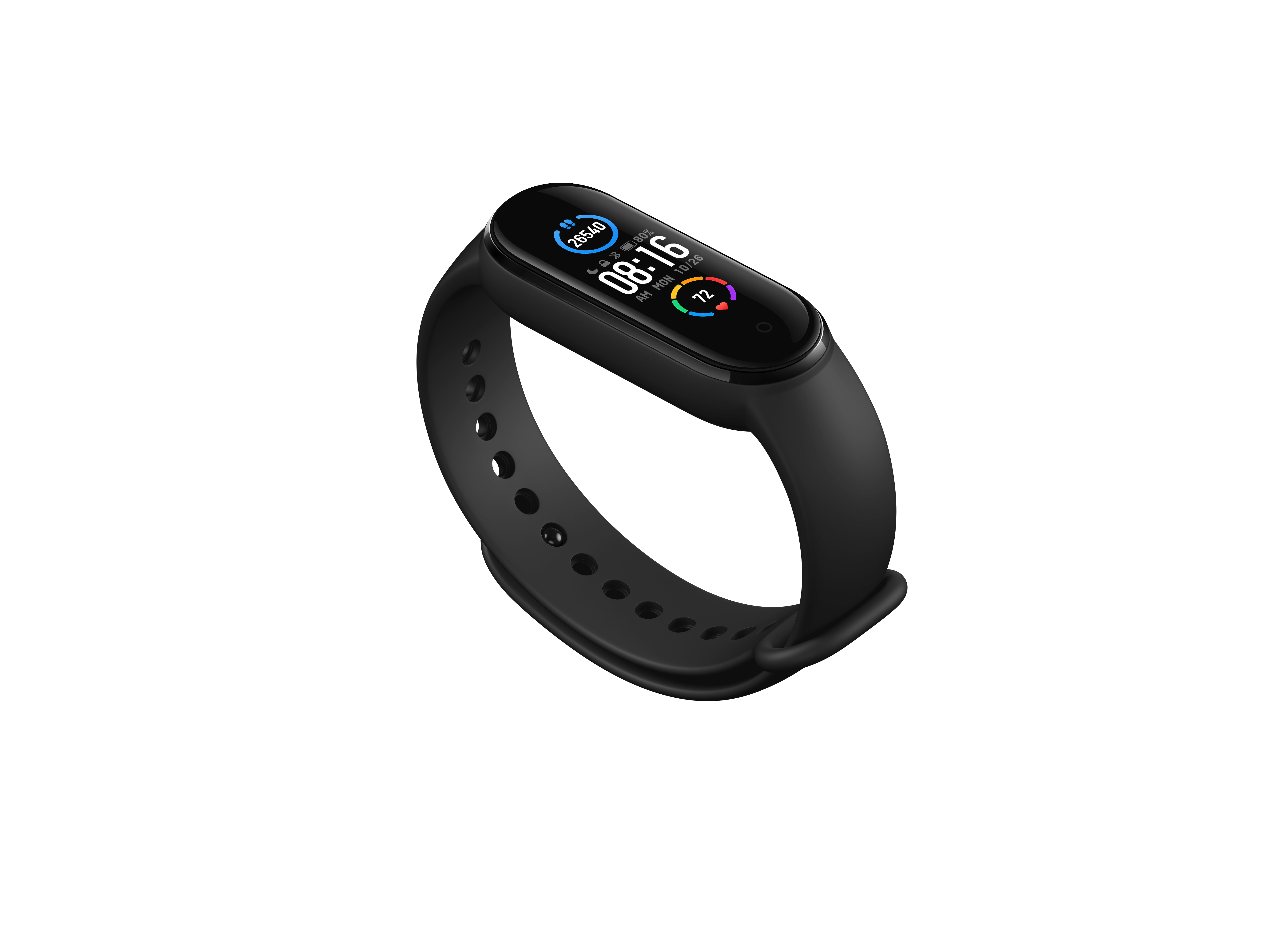 Eine schwarze Fitness-Tracker-Uhr mit schwarzem Armband, die Zeit und Aktivitätsdaten anzeigt.