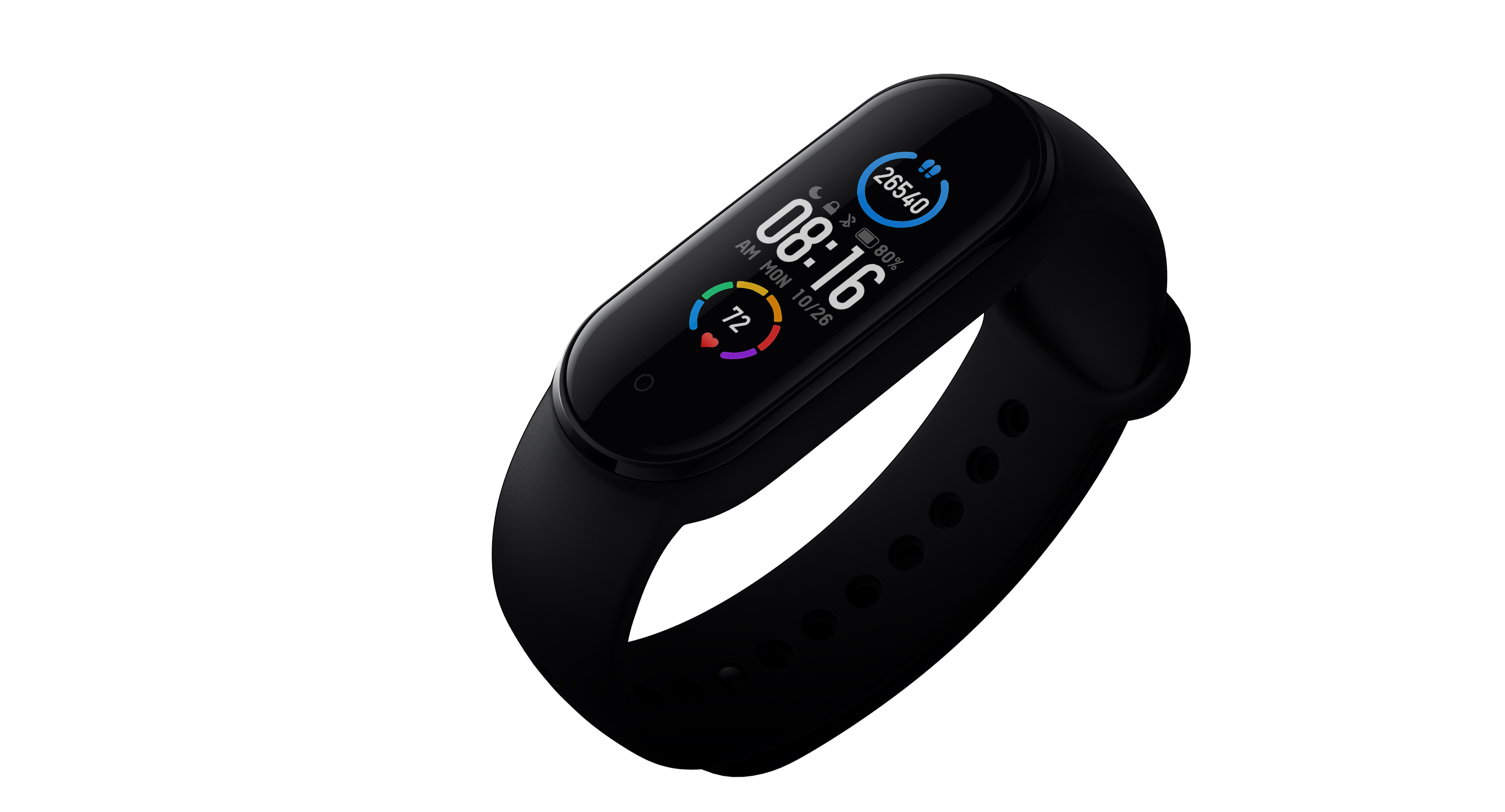Schwarze Smartwatch mit Anzeige von Zeit und Daten.