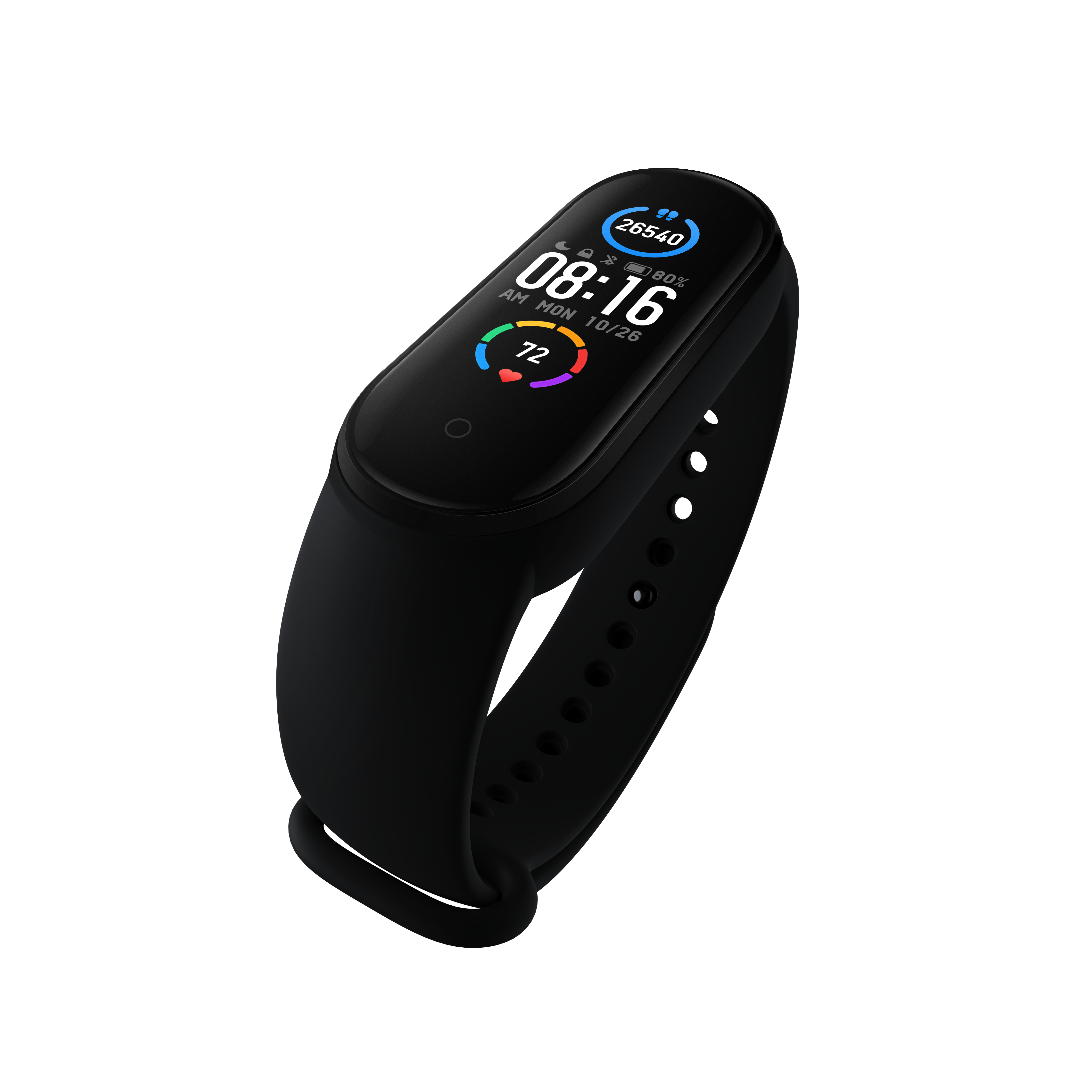 Schwarzer Fitnesstracker mit Anzeige von Zeit, Schritten und Herzfrequenz. Schwarzes Armband.