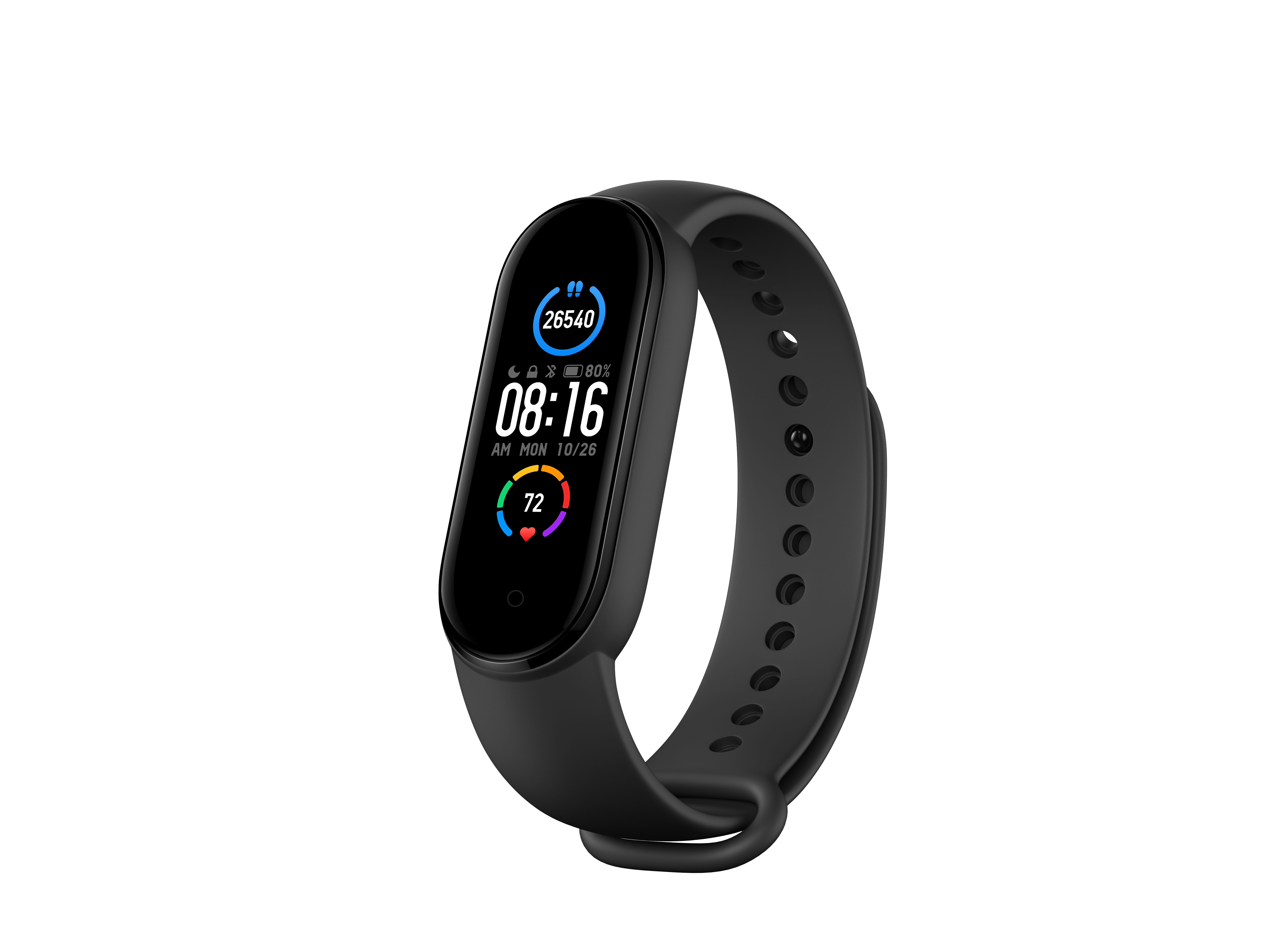 Schwarzer Fitnesstracker auf weißem Hintergrund, mit Datenausgabe.
