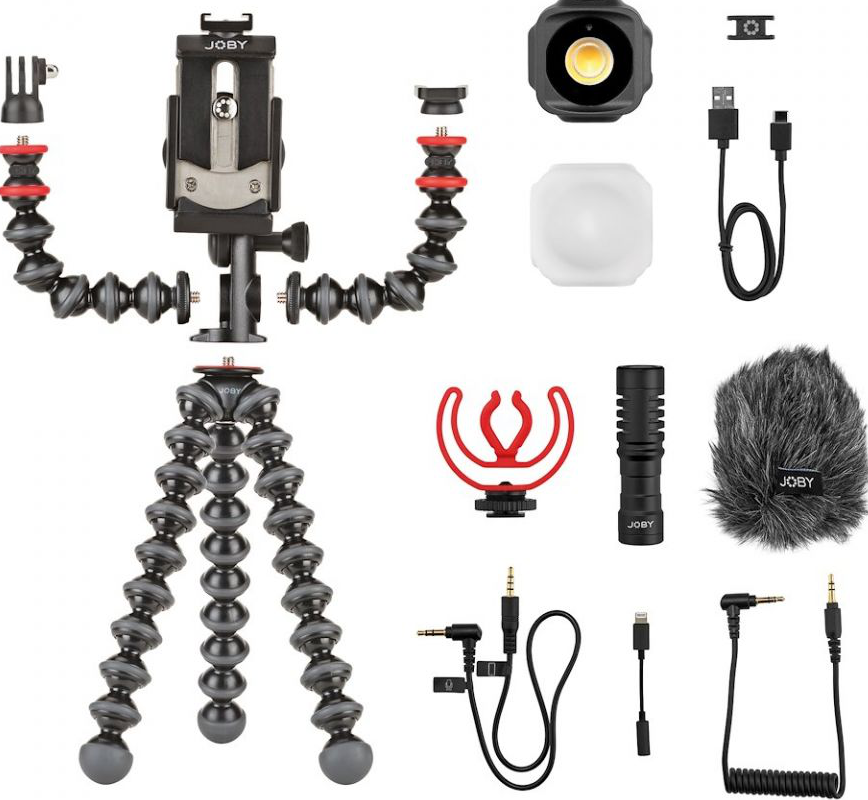Verschiedene Teile eines Joby Video-Kits, auf weißem Hintergrund ausgebreitet.