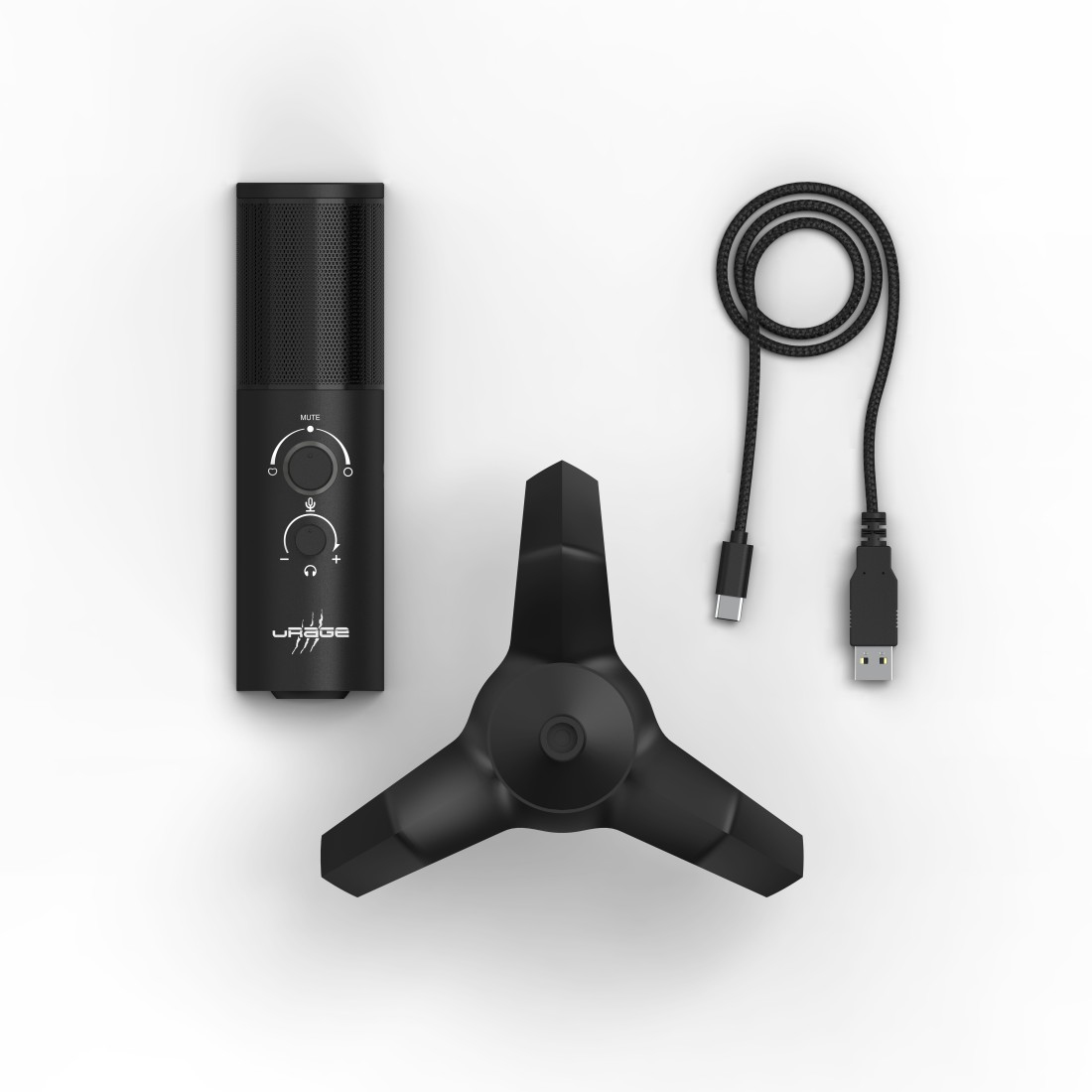Fekete mikrofon, állvány és USB-kábel fehér háttérrel.