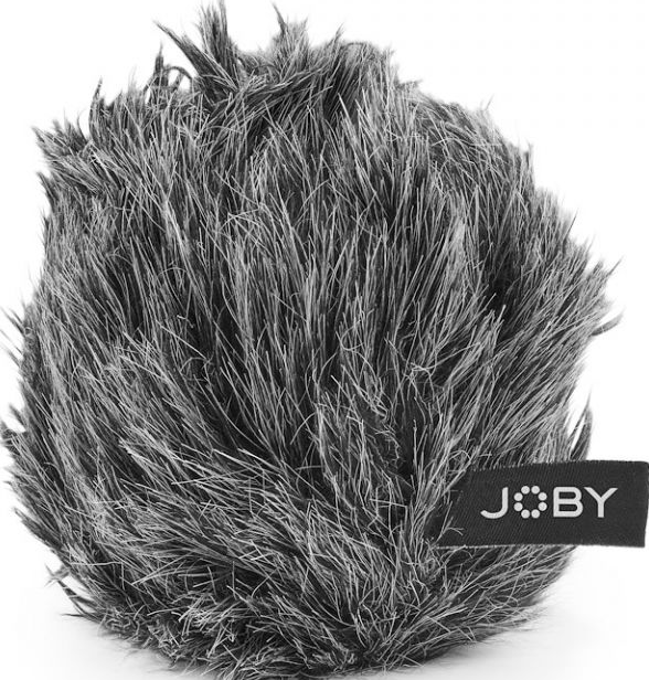 Une housse de microphone moelleuse, grise et noire, avec une étiquette JOBY.