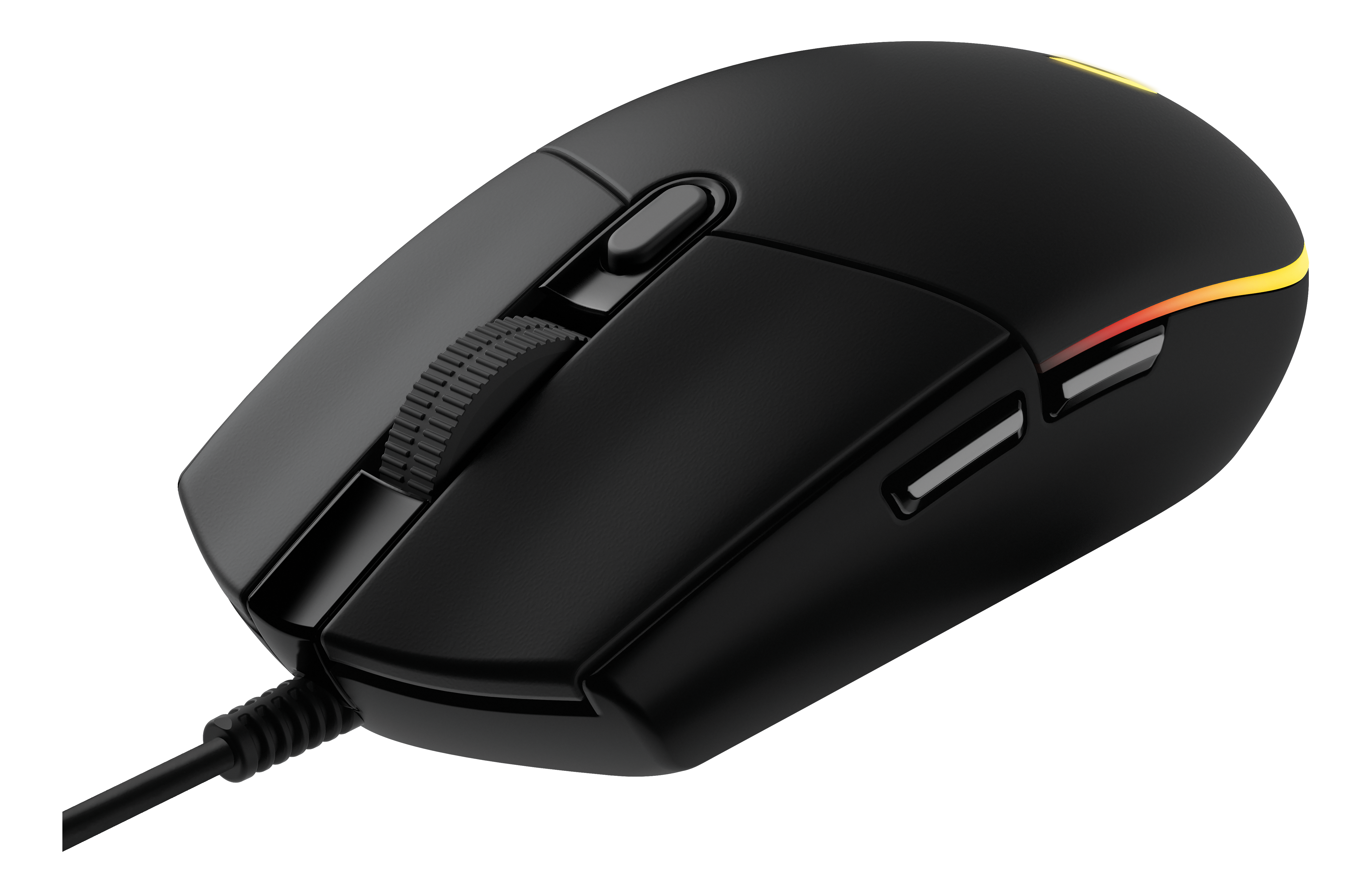 Schwarze Gaming-Maus mit Scrollrad und Seitentasten. Schwarzes Kabel befestigt.