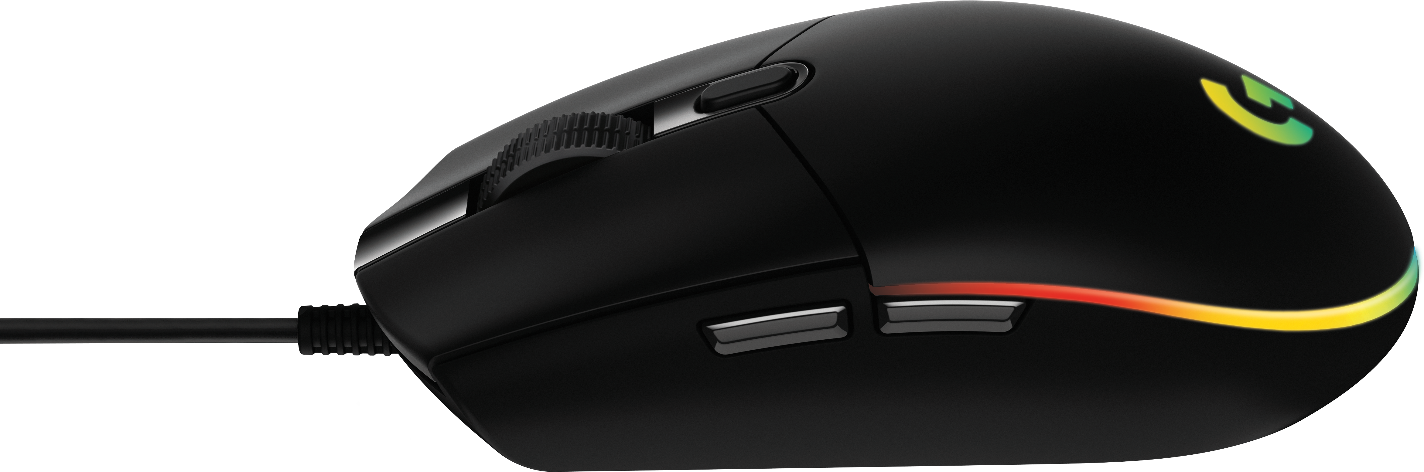 Schwarze Gaming-Maus mit mehreren Tasten und einem farbigen Lichtstreifen an der Seite.