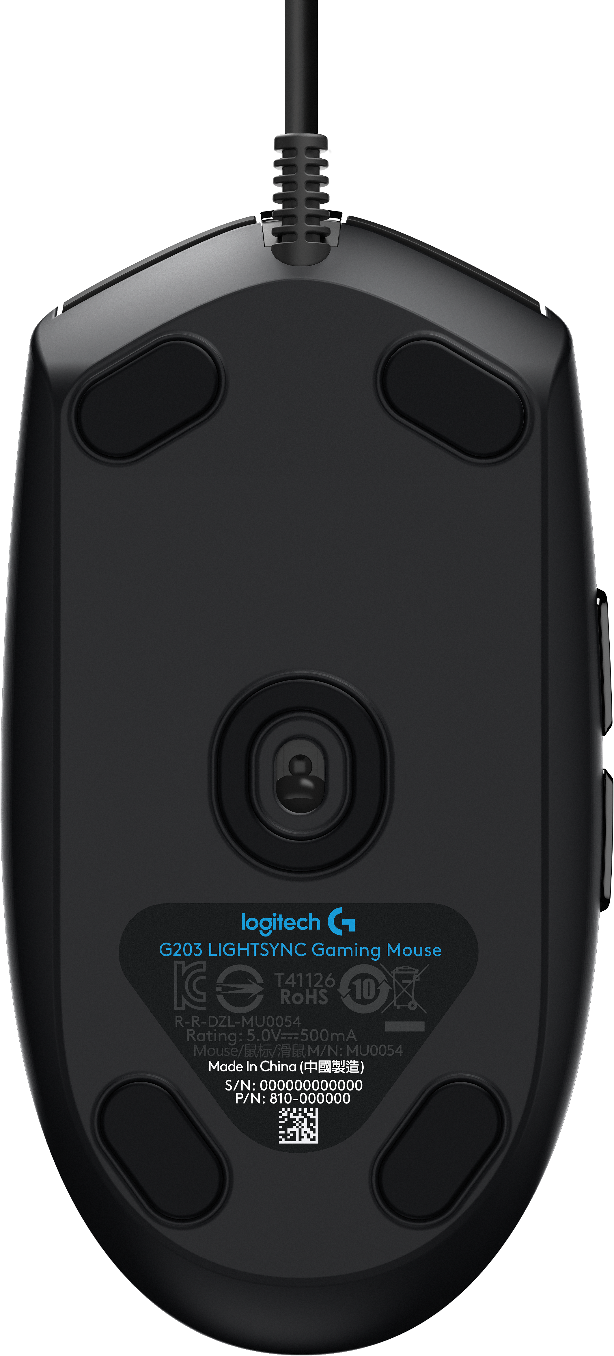Unterseite einer schwarzen Logitech G203 Lightsync Gaming-Maus.