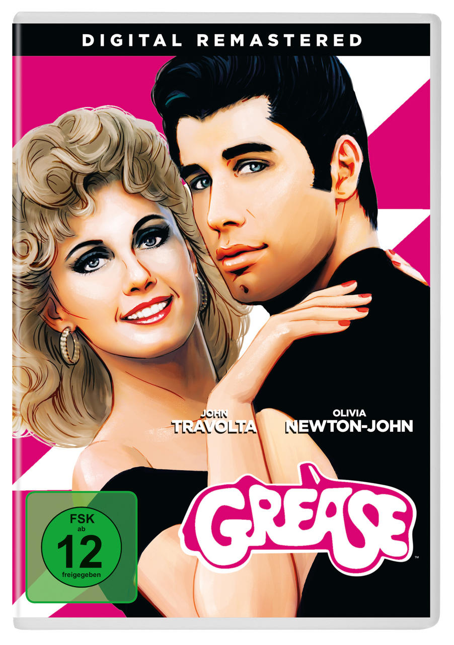 Filmcover mit John Travolta und Olivia Newton-John auf pinkem Hintergrund.