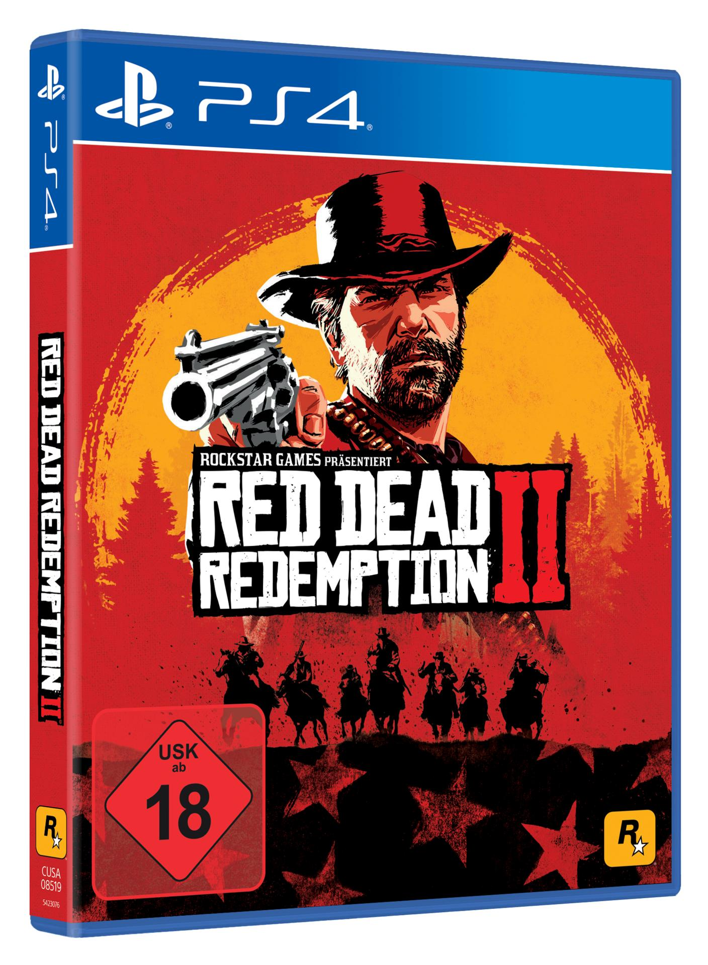 Red Dead Redemption 2 Spielbox. Mann mit Waffe auf dem Cover. PS4-Logo.