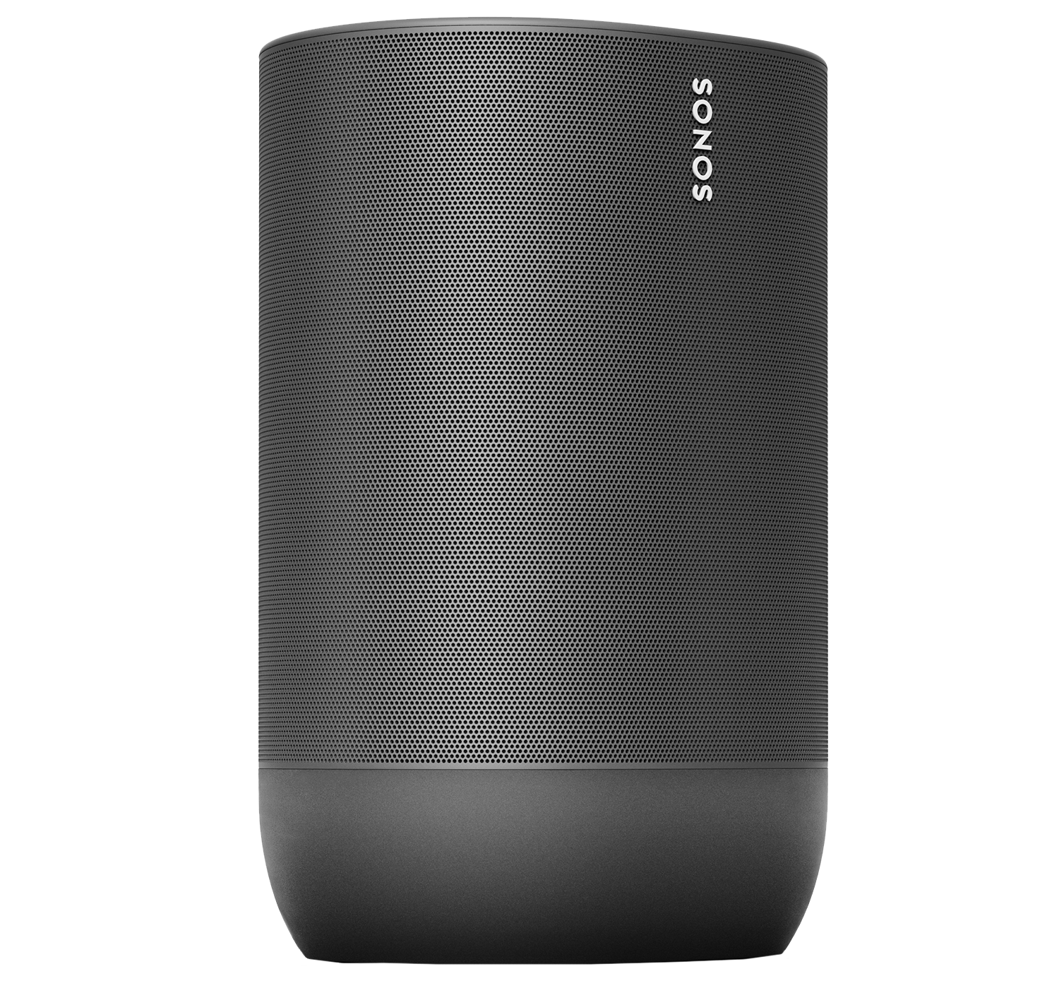 Zwarte Sonos-luidspreker met een afgeronde basis en een mesh body.