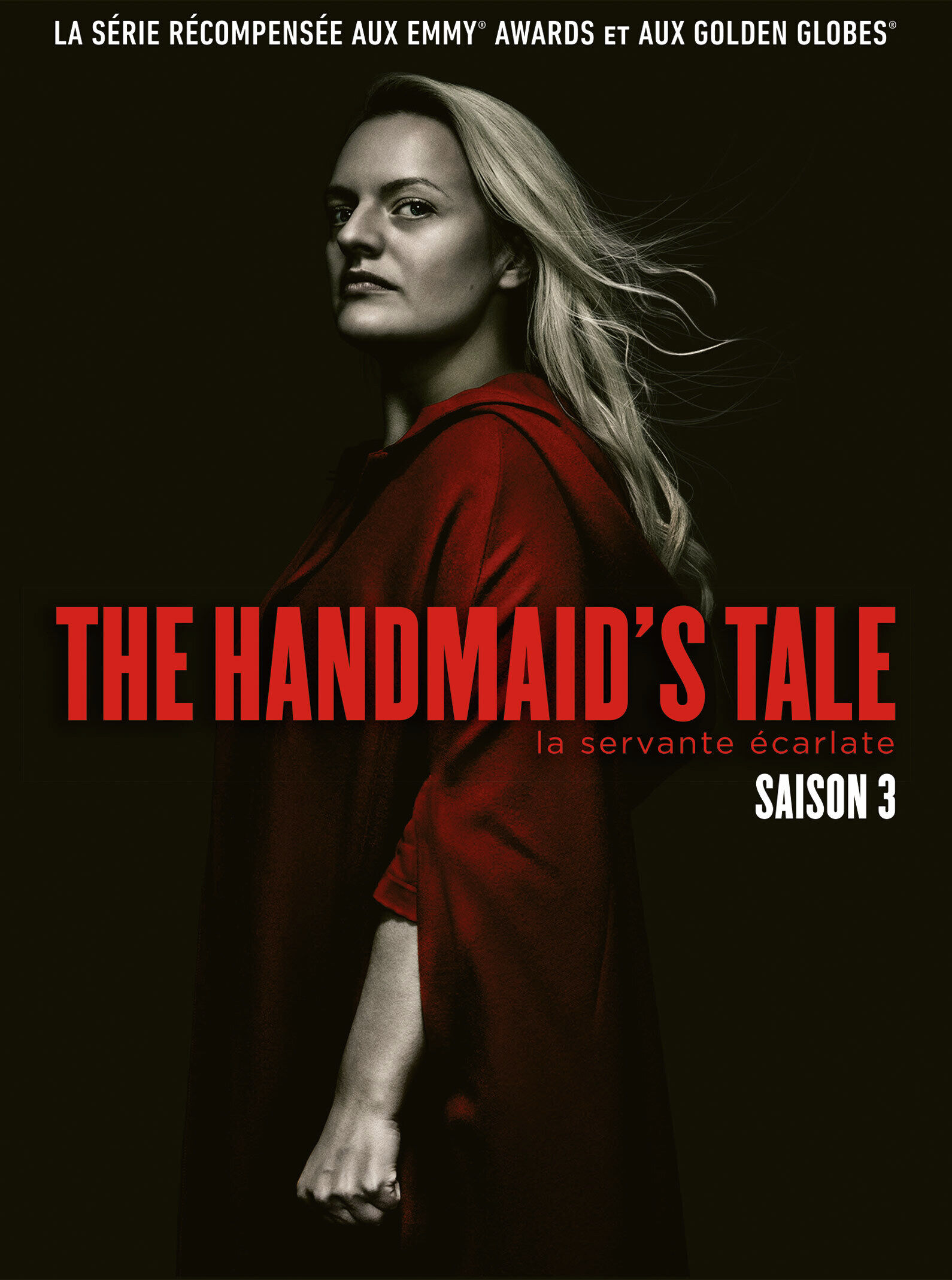 The Handmaid's Tale tv-serie poster met een vrouw in een rode mantel.
