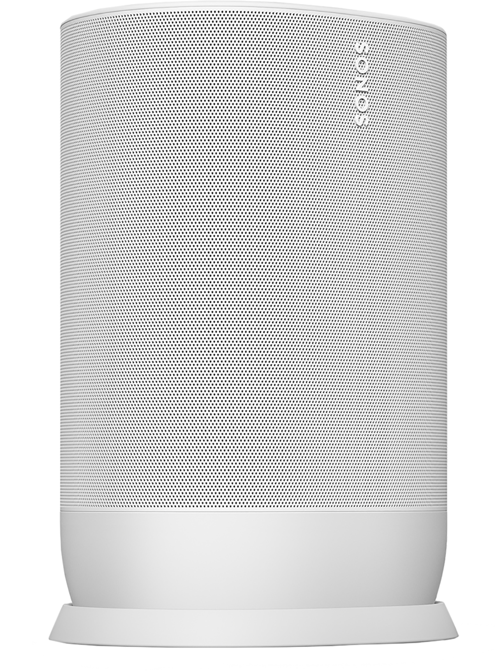Witte Sonos-luidspreker. Cilindrisch, met gaten en Sonos-logo.