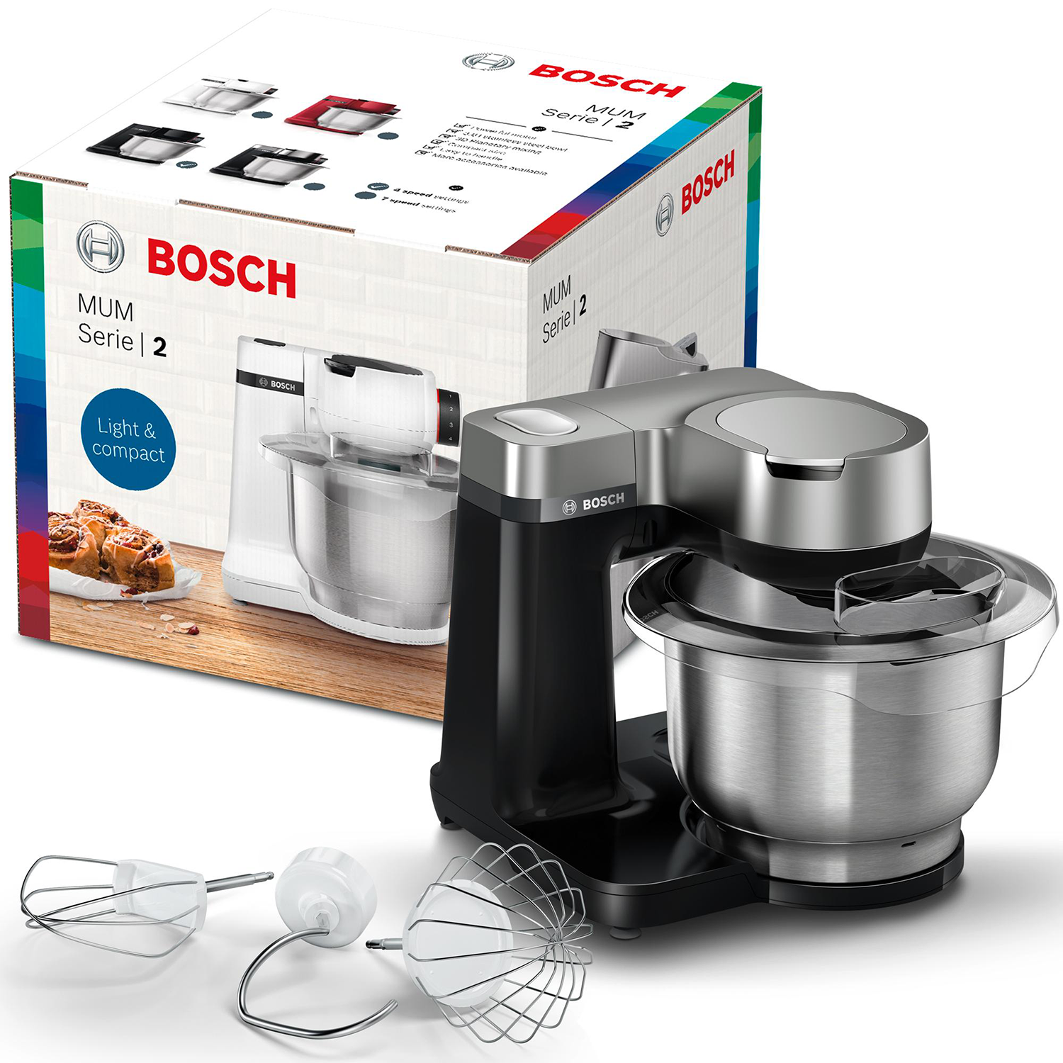 Bosch MUM Serie 2 keukenmachine en accessoires. Zwart en zilver.