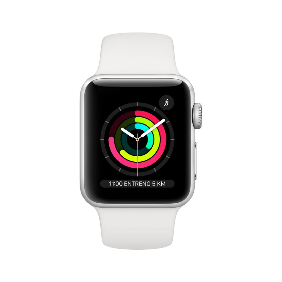 Apple Watch con correa blanca. La pantalla muestra un gráfico de entrenamiento y la hora: 11:00 ENTRENNO 5 KM.