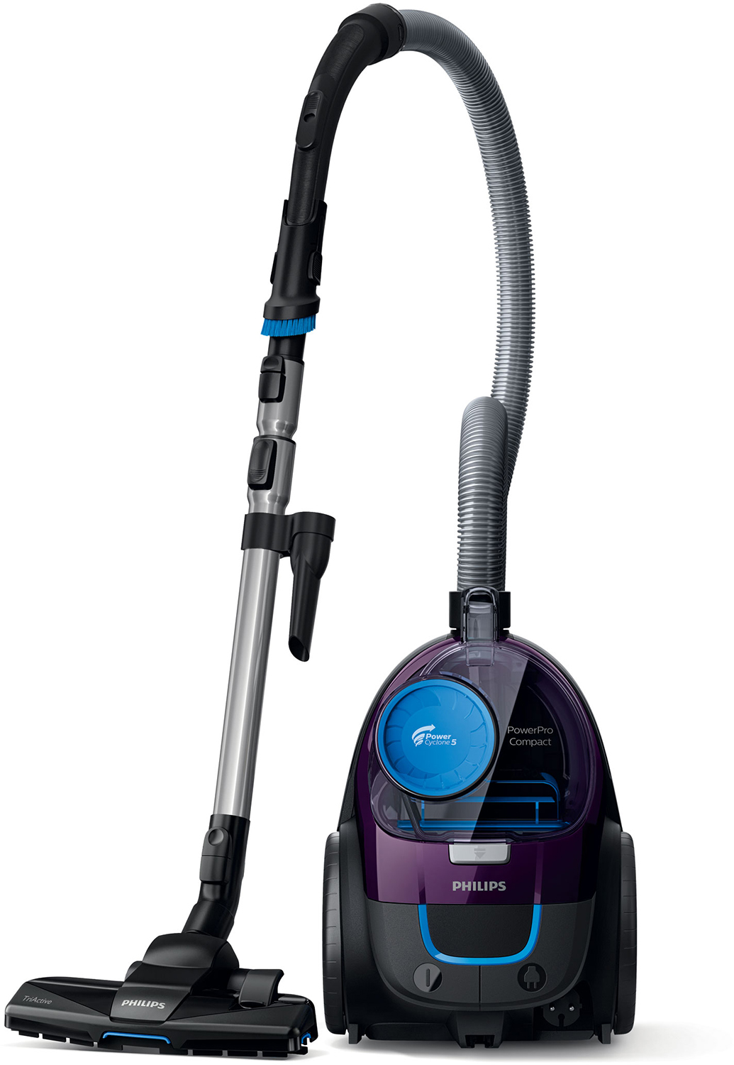 Paarse en zwarte Philips PowerPro Compact stofzuiger op een witte achtergrond.