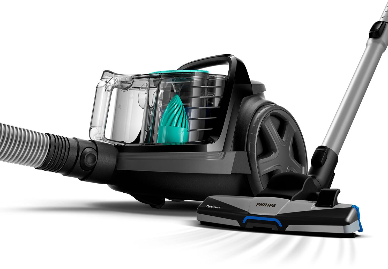 A black and gray Philips vacuum cleaner with a clear dustbin and a silver handle on a white background.