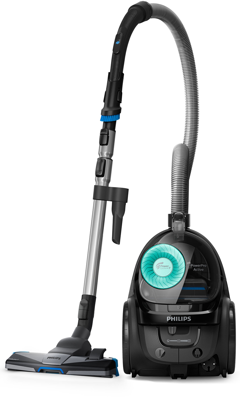 Black and blue vacuum cleaner. Detailed view of the machine. White background.