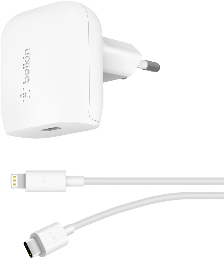 BELKIN Chargeur USB-C + Câble USB-C - Lightning 20 W Blanc (WCA003VF04WH)