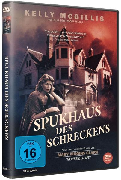 DVD-Hülle für 'Spukhaus des Schreckens', eine Frau steht vor einem Haus.