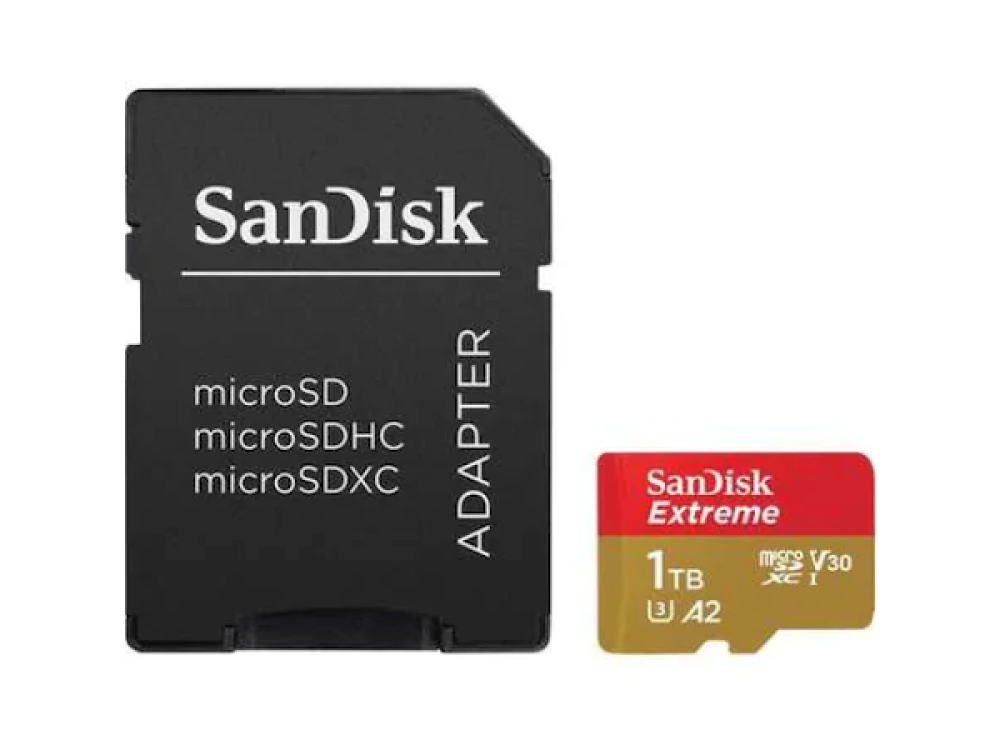 Adaptador Sandisk junto a una tarjeta micro SD Sandisk Extreme de 1 TB.