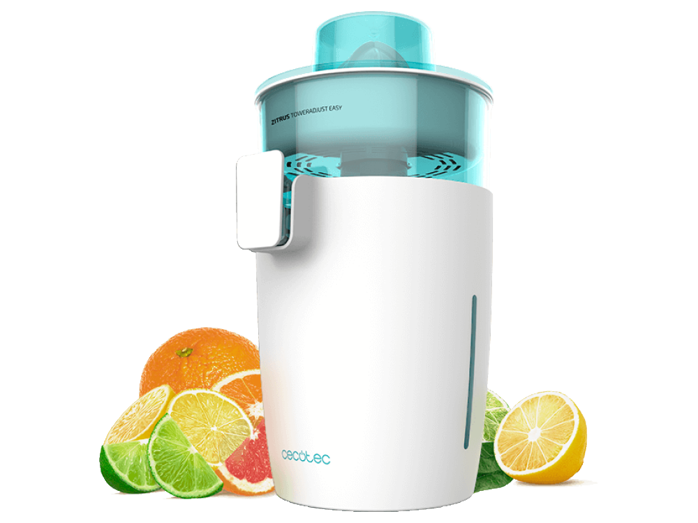 Exprimidor de cítricos blanco y azul con rodajas de naranja y limón delante.