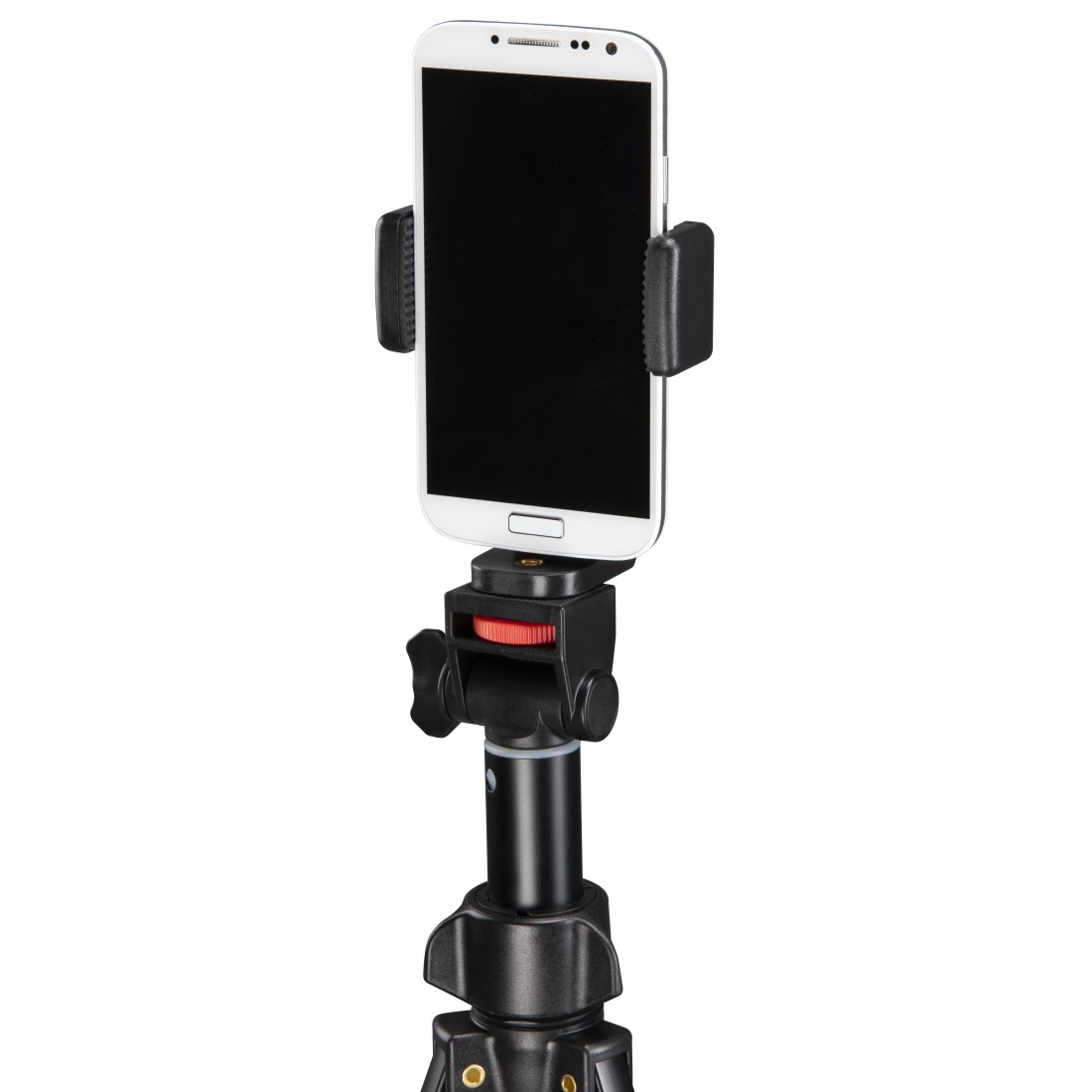 Smartphone auf schwarzem Stativ montiert, mit weißem Hintergrund.