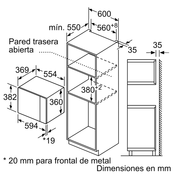 Dibujo técnico de un microondas empotrado y armario con dimensiones en mm.