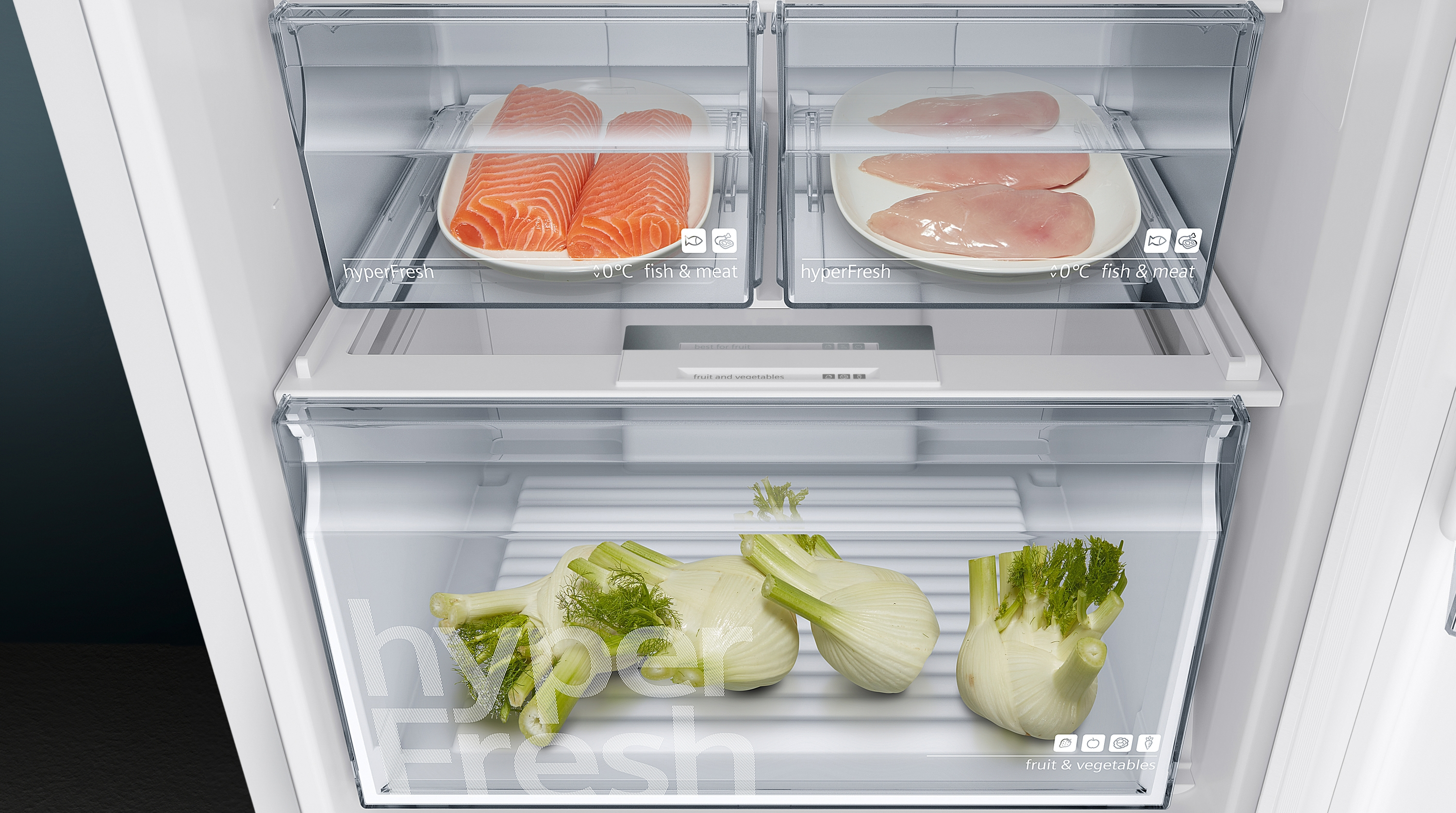 Interior de un refrigerador con pescado, pollo e hinojo en recipientes transparentes.