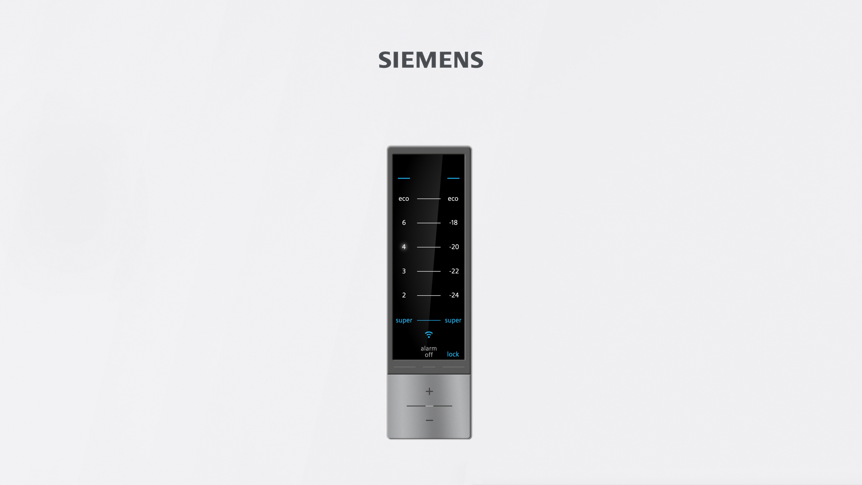 Un dispositivo plateado Siemens con pantalla digital que muestra ajustes de temperatura y botones.
