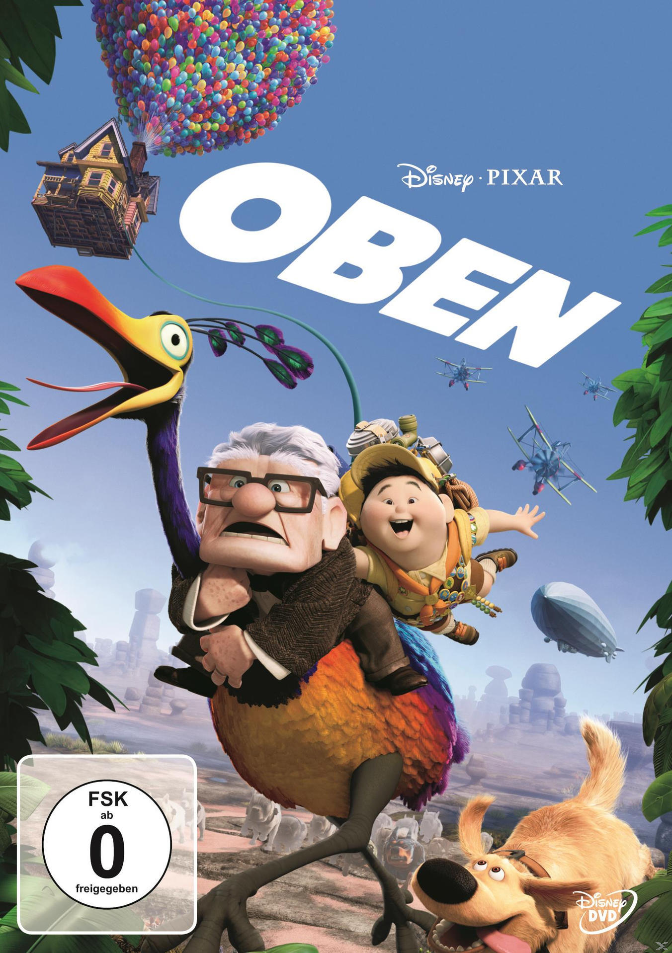 Filmplakat: Alter Mann und Junge reiten auf buntem Vogel, Filmtitel 'Up' und Disney-Logo.