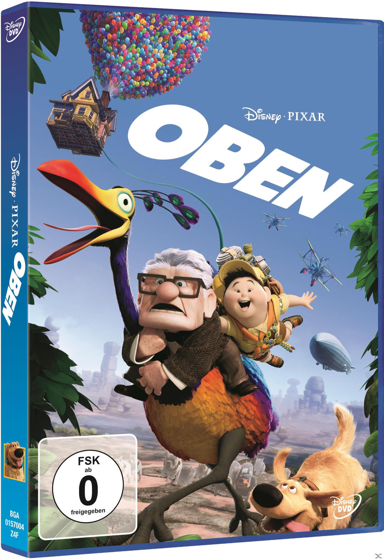 Eine DVD-Hülle des Films Oben. Enthält Charaktere, ein Haus mit Ballons und einen Hund.