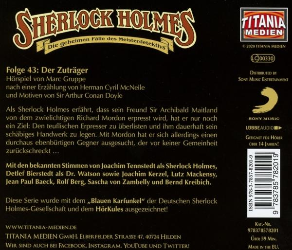 Ein Buchcover von Sherlock Holmes, mit deutschem Text und einem Titania Medien Logo.