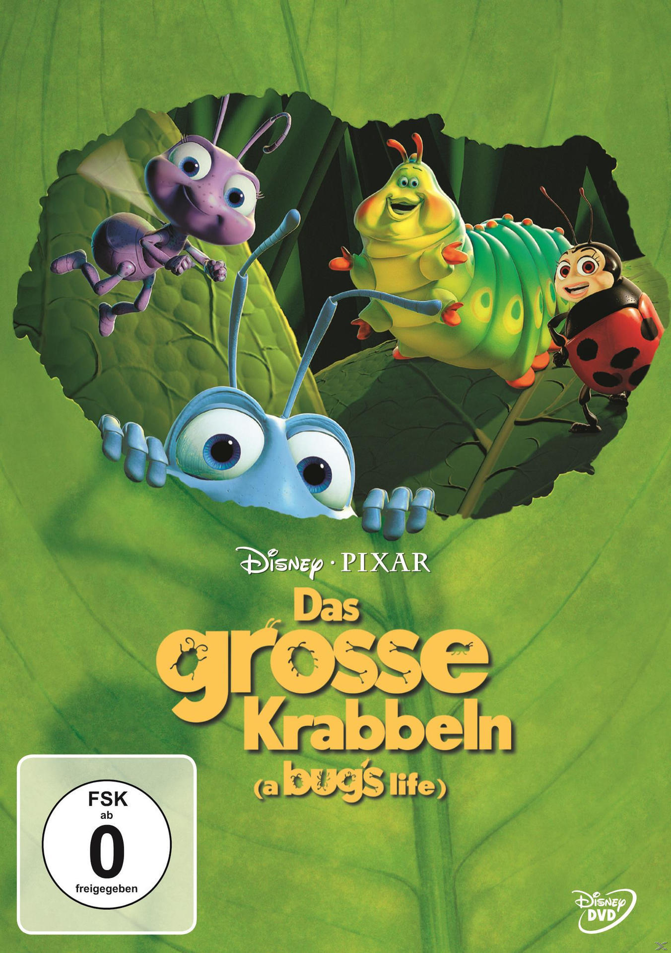 A Bugs Life DVD-Cover. Drei Zeichentrick-Insekten auf einem grünen Blatt. Disney Pixar Logo.